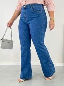 Calça Jeans Flare Feminina Plus Size Cintura Alta Tecido Premium com Elastano Stretch com 4 bolsos - Azul Médio - Visão 2