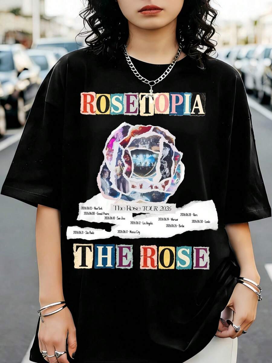 Rose ROSETOPIA 2026 Welttournee Zerrissenes Papier Rosen-Collage Doppelseitiges Bandgrafik Oversized Unisex Schwarzes Fan-T-Shirt - Schwarz - Übersicht 1