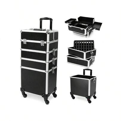 Maleta de maquillaje con ruedas, carrito de almacenamiento grande para cosméticos 4 en 1, maleta de viaje de maquillaje de gran capacidad, maleta de salón y barbería, carrito de viaje