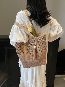 2026 New Women's Straw Woven Beach Bag, Large Capacity Woven Tote Bucket Bag, Versatile Commuter Shoulder Bag For Summer Beach Vacation - Khaki - View 5