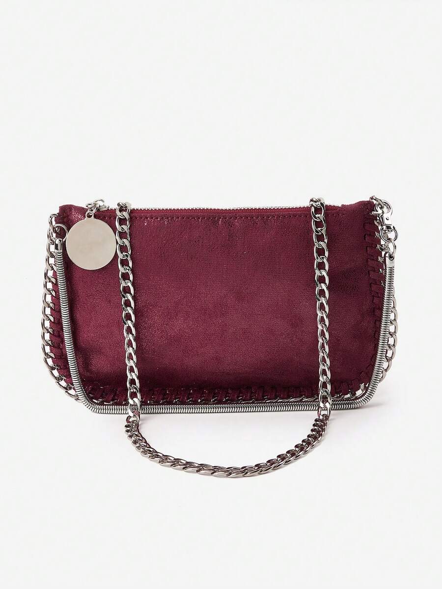 Bolso baguette de metal chapado en plata hecho a mano con correa de cadena, multifuncional y de múltiples usos, para llevar bajo el brazo, de mano, al hombro y cruzado - Burdeos - Ver 1