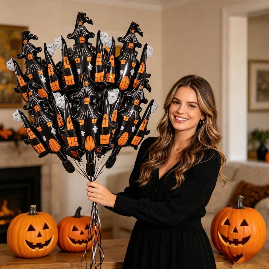10pcs Halloween Castle Handheld Aluminum Foil Balloons, Holiday Party Atmosphere Decoration Photo Props Halloween - Multicolor - View 1