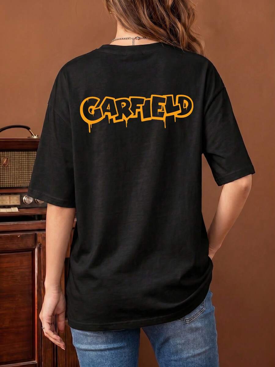SHEIN | Garfield 女款黑色雙面T恤,滴線卡通貓輪廓與塗鴉字母印花,寬鬆短袖夏季休閒 - 黑色 - 查看 1