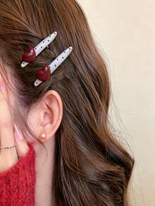 Vintage Fashion Polka Dot Heart-Shaped Hair Clip, Cute Clip, Spring/Summer High-End Multi-Functional Side Clip Accessory - 彩色 - 查看 4