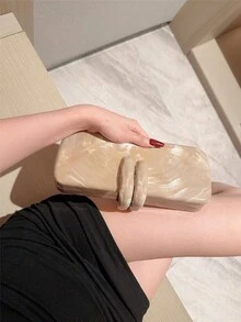 Moonlit Eve 包 1件 歐美風女款壓克力晚宴手拿包,方盒設計搭配兔牙扣環,適合派對、婚禮、情人節場合,隨機花色 - 杏色 - 查看 4