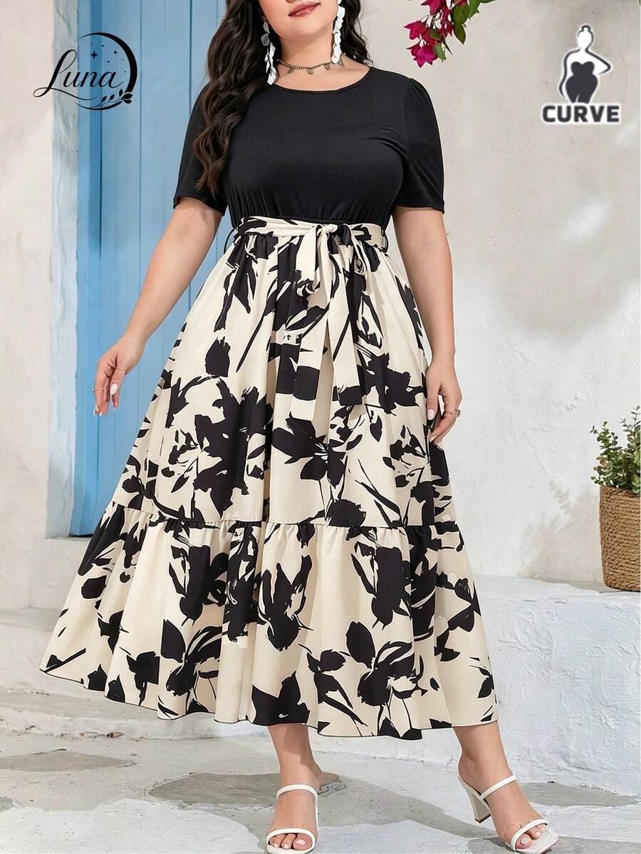 Plus Size Curvy Dresses For Women With Heart Print, A-Line, Ruffled Hem - Black - View 1
