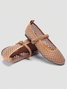 ADAMUMU Women's Fashion Flat Hollow Mesh Embroidery Ballet Mary Jane Shoes, Lightweight Mesh Fabric, Elegant Buckle, Comfortable Breathable Stylish, Suitable For Daily Commute - Camel - View 4