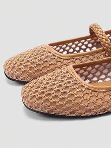 ADAMUMU Women's Fashion Flat Hollow Mesh Embroidery Ballet Mary Jane Shoes, Lightweight Mesh Fabric, Elegant Buckle, Comfortable Breathable Stylish, Suitable For Daily Commute - Camel - View 7
