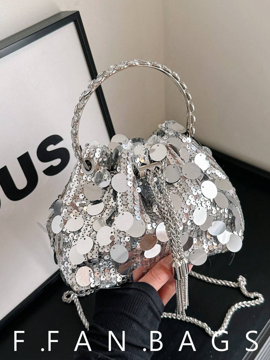 Women's Personalized Sequin Evening Bag, Fashion Colorful Clutch, Versatile Shoulder Crossbody Bag - Silver - View 1