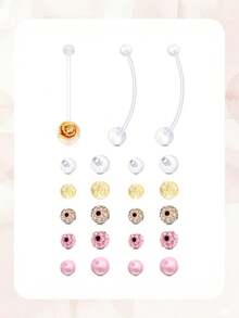 3+20Pcs/Set Maternity UV Belly Button Ring-Polymer Clay Floral Ball Navel End Elegant&Charming Size 1.6*38mm Because Moms Deserve To Be Beautiful - Yellow Gold - View 11