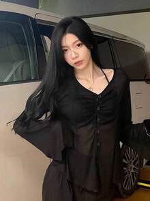 Women's Sun Protection Cardigan, Sexy Black Summer New Thin Design V-Neck Flared Long Sleeve Top - Black - View 2