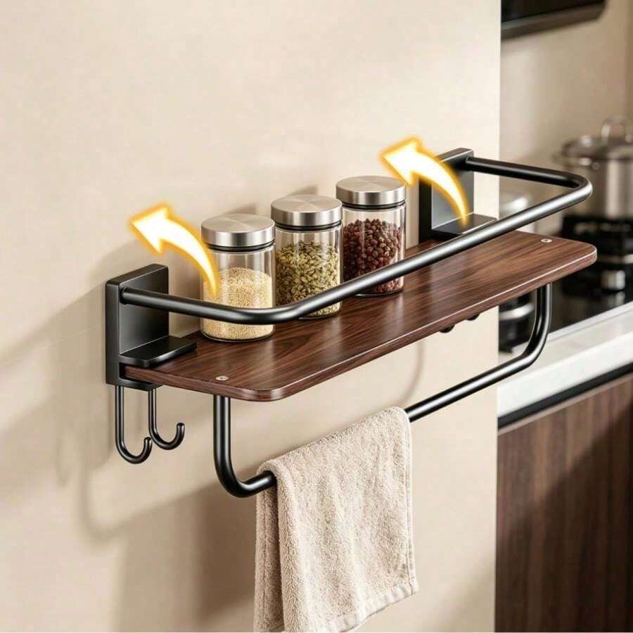 1PC Kitchen Wall Cooking Condiment Bottles And Tool Storage Shelf With Hook,Multi-Functional Hanger Shelf Home Kitchen Storage Black Magic Carbon Steel Holder - View 1