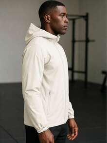Men's Waterproof Windbreaker With Removable Hood Black Sports Jacket For Gym Or Running - 米白色 - 查看 4