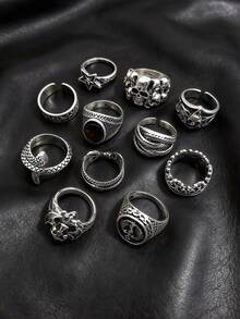 10/11pcs/Set Unisex Vintage Punk Hip Hop Ring Set, Personalized Skull Geometric Claw Bat Design, Party Gift Daily Jewelry Accessories - Punk Ring Set - View 8