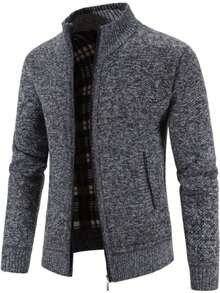 Men's Knitted Cardigan With Zipper, High Collar And Pockets In Contrasting Color, Long Sleeves, Ideal For Autumn And Winter. - Dark Grey - View 3