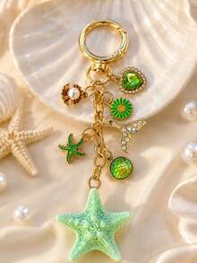 1pc Women's Ocean Creature Starfish Fish Tail Pendant With Rhinestone Heart Daisy Charm Keychain Ocean Series Bag Charm - Multicolor - View 2