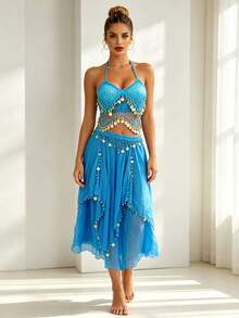 Bohemian Rhinestone Coin Halter Crop Top With Asymmetric Sheer Chiffon Skirt For Beach Vacations, Desert Festivals & Rave Outfits (Available In Multiple Colors) - Multicolor - View 19