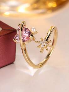 1pc Heart Star Asymmetric Open Thin Ring, Shiny Gold Smooth Band, Delicate Niche Jewelry For Young Women - JZ23713 - View 6