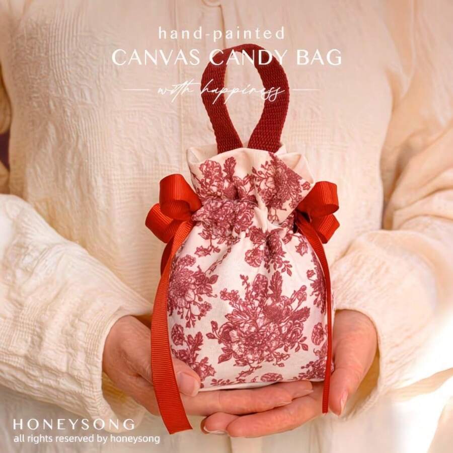 5/10pcs Red Elegant Canvas Drawstring Bags, Handheld Bow Fabric Storage Bags, Jewelry & Accessories Organizer, Wedding Candy Gift Bags, Wide Webbing, Portable Storage Bags, Reusable, Birthday Gift Packaging Bags - One Size Fits All - View 1