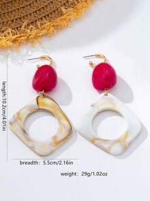 1 Pasang Anting-Anting Geometris Resin Blok Warna Vintage, Desain Tie-Dye Fuchsia dan Krem, Liontin Telinga Gaya Mewah Niche - MultiWarna - View 2