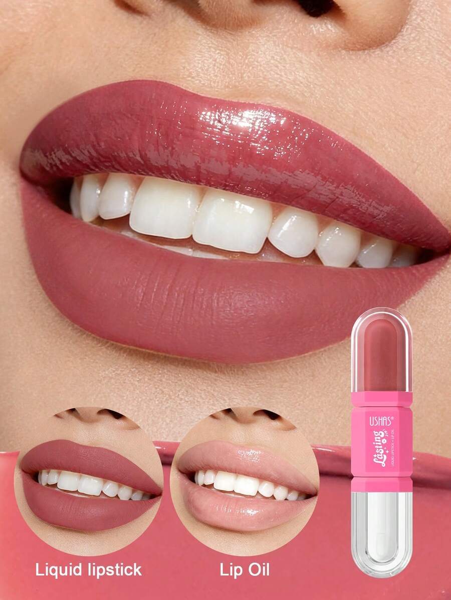 USHAS 2-In-1 Lip Oil + Liquid Lipstick, Long-Lasting Matte Lip Gloss With Glossy Finish, Non-Sticky And Non-Transferring, Moisturizing Lip Tint, 12 Colors From Nude To Deep Shades, Suitable For Daily And Party Makeup - #08 Dusty Rose - View 1