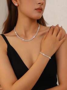 Ensemble de 3 pièces de bijoux style minimaliste de mariée, chaîne de tennis en strass, trois couleurs au choix, ensemble complet avec boucles d'oreilles, collier et bracelet, accessoires pour robe sans bretelles pour femmes, collier pour femmes, boucles d'oreilles pour femmes, bracelet pour femmes, accessoires pour femmes, ensemble de bijoux pour femmes - Argent - Voir 6