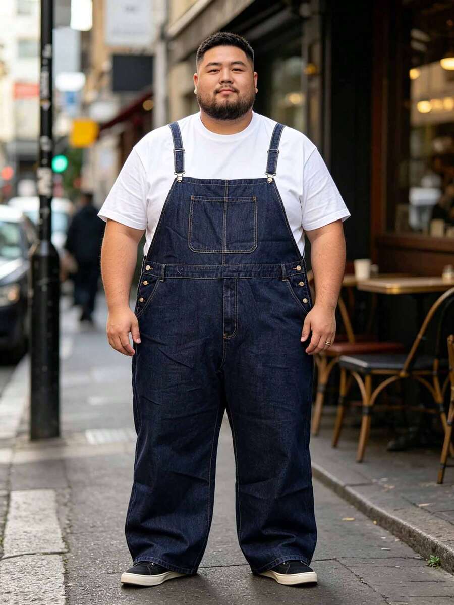 男士深色水洗牛仔吊帶褲,大尺碼 1XL-6XL 寬鬆寬腿可調節肩帶連身褲,舒適休閒日常戶外街頭風長褲 - 寶藍色 - 查看 1