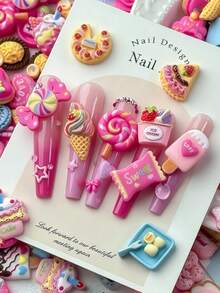 50 pezzi Charms 3D per arte di unghie a forma di torta dolce, mix di dessert rosa e caramelle in resina con strass, decorazioni kawaii carine per unghie, accessori fai-da-te per manicure, stile casuale - Multicolore - Visualizzare 4