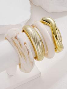 4pcs/1pc Vintage Minimalist Punk Style Women's Acrylic And CCB Textured Bracelet Set, Suitable For Dating, Vacation, Gift, Party, Daily Wear, Stackable, Perfect Choice - Gold - View 3