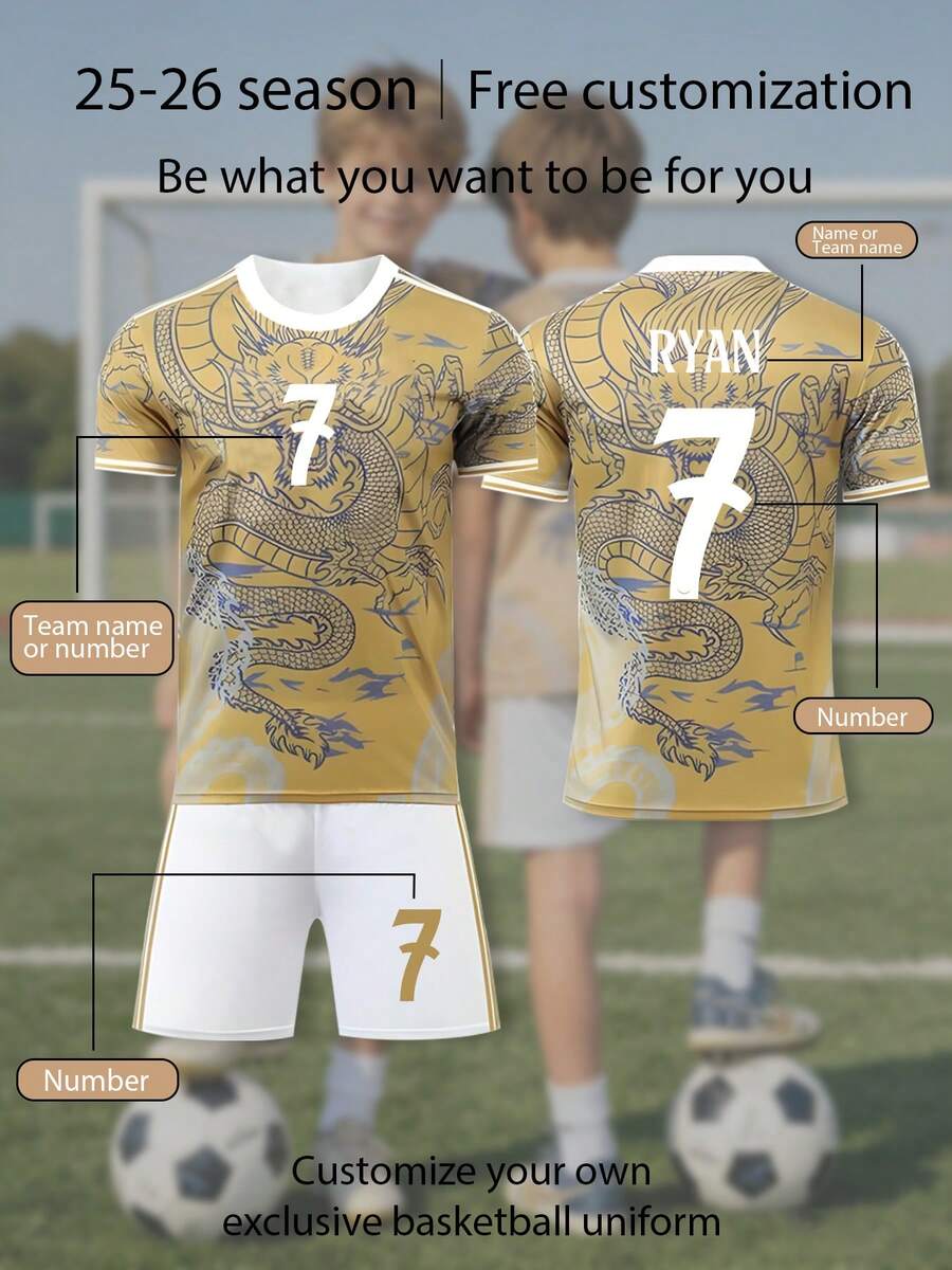 Jersey Sepak Bola Anak Laki-laki & Perempuan Motif Naga Kuning, Ukuran 25-26 Tahun, 2pcs/Set, Kustomisasi Nama & Nomor/Gaya Bintang Klub Populer