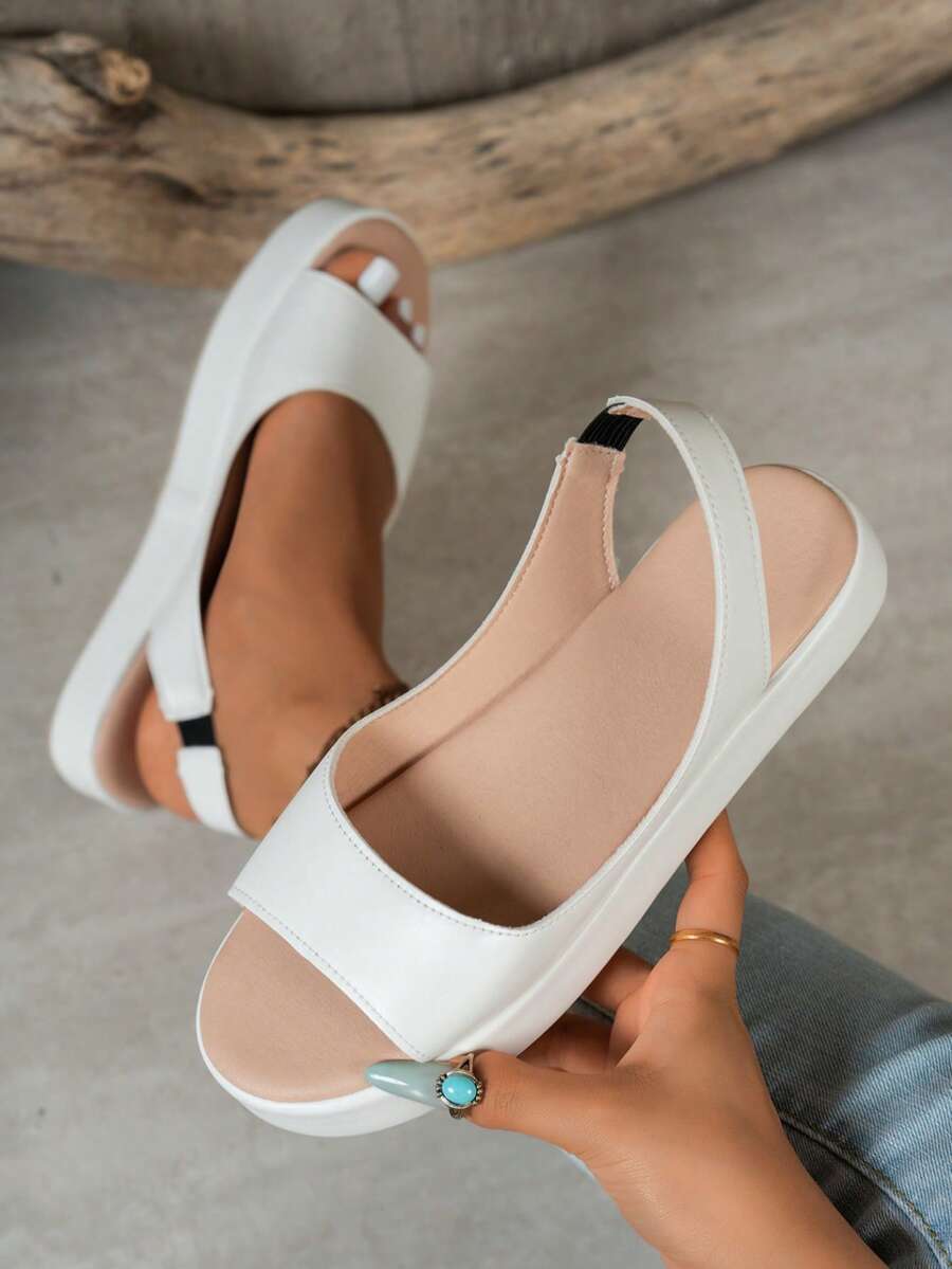 Sandálias Femininas de Couro de Cor Sólida com Sola Grossa, Tira Traseira, Bico Aberto, Plataforma e Salto Anabela, Opções Multicoloridas, para Uso Diário, Compras, Férias, Casual e Outdoor - Branco - Visão 1