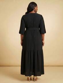 FASHION MIX PREMIUM Elegant Long Dress With Slit And Ruffle On The Hem 3/4 Puff Sleeves With V-Neckline And Tie At The Waist Women's Plus Size - 黑色 - 查看 5