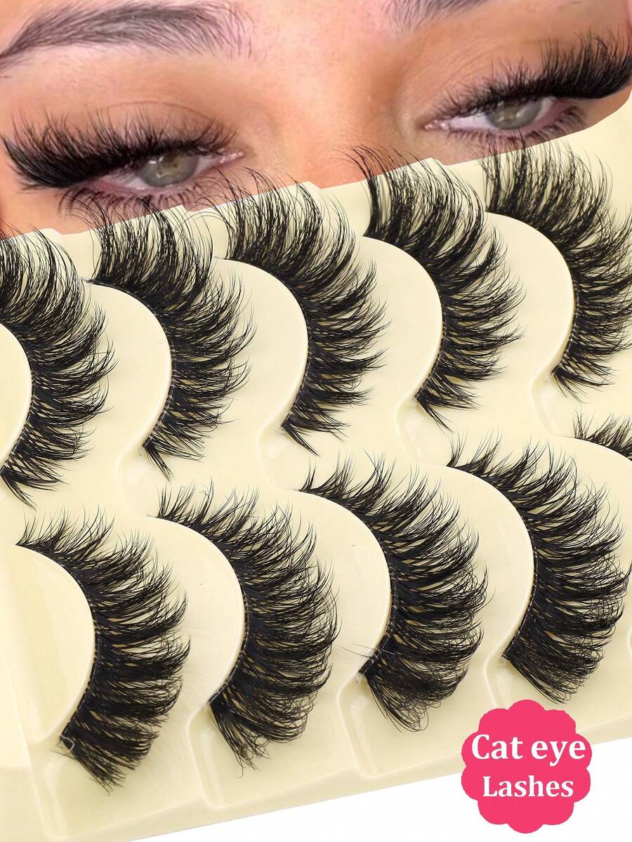 5 Pairs Cat Eye False Eyelashes, Fox Eye Eyelashes, Cartoon Style False Eyelashes, Fluffy Faux Mink Eyelashes, Soft Lightweight 3D Eyelashes, Natural Messy Strip Eyelashes, Extension Eyelashes, Cosplay Eyelashes, Daily Wear, Eyelashes, False Eyelashes - Black - View 1
