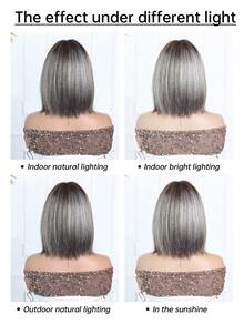 Parrucca corta da 10 pollici marrone lucido con frangia, parrucca corta liscia marrone lino per donne, parrucca bob elegante beige lucido con frangia, parrucca sintetica naturale, adatta per l'uso quotidiano delle donne - Evidenziare il grigio - Visualizzare 10