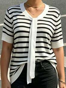 Blusa de punto de manga corta con cuello de contraste a rayas para tallas grandes - Blanco y Negro - Ver 4