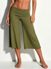 Fold Over Wide Leg Capri Pants For Women Low Rise Yoga Flare Culottes Y2k Flowy Crop Palazzo Gaucho Pants Summer Beach Bottom - 軍綠色 - 查看 1