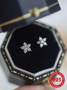 925 Sterling Silver Delicate Plum Blossom Zirconia Stud Earrings For Women - Silver - View 8