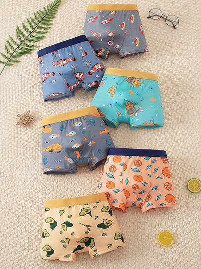 Young Boy 6pcs/Pack Colorblock Cartoon Print Casual Daily Boxer Briefs
