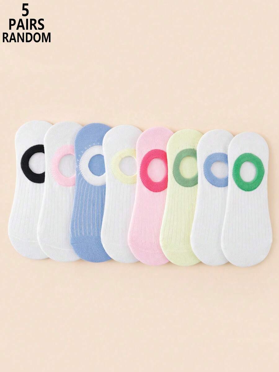 5 Pairs Random Color Women's Contrast Color Low-Cut Comfortable Breathable Invisible Boat Socks - Multicolor - View 1