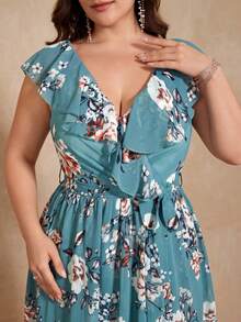 UNITHORSE Vestido de dama de honor con estampado, cuello en V con volantes, corbata desmontable y bajo asimétrico con volantes (sin posicionamiento de flores) - Verde - Ver 7