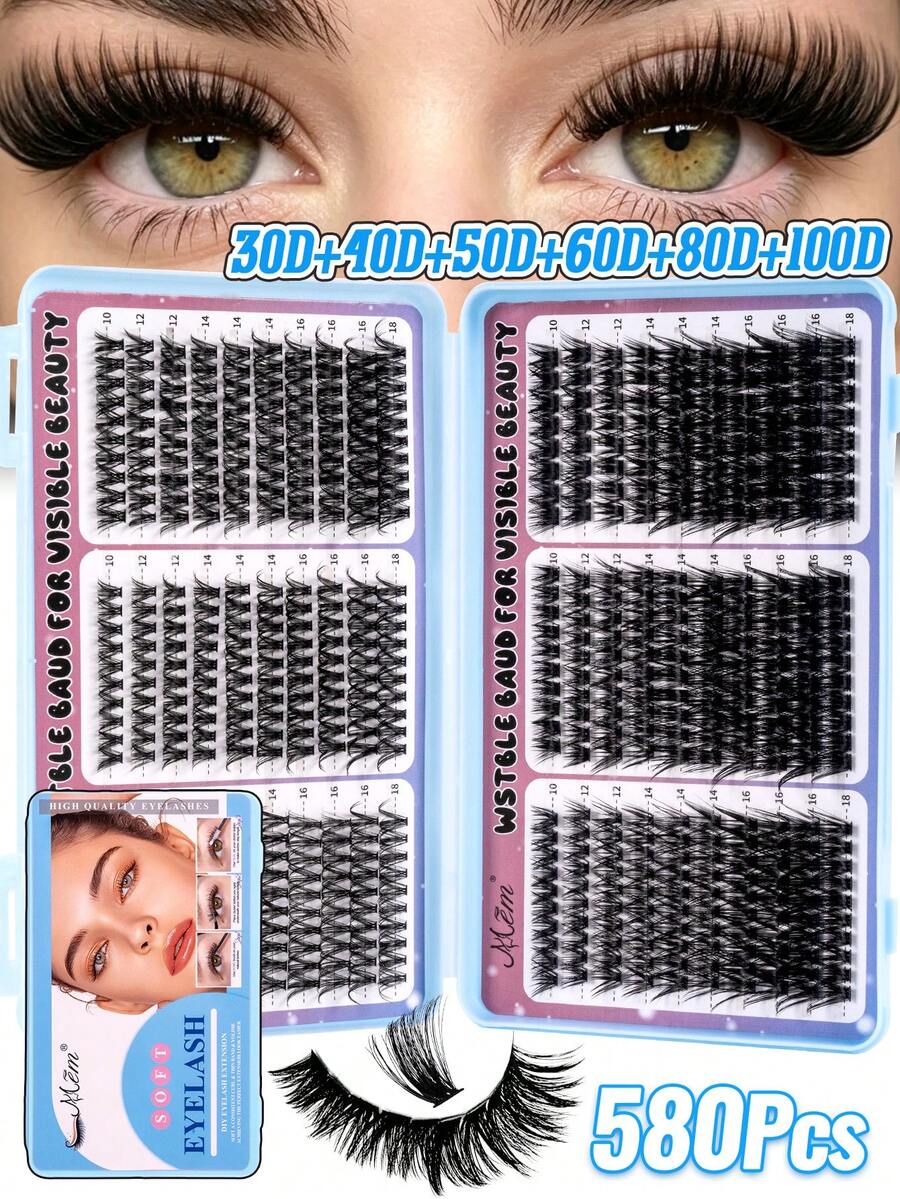 MEM 580pcs D-Roll DIY False Eyelash Clusters, D-Roll Eyelash Clusters, D-Roll 10-18mm Mixed Natural Eyelash Extensions, Super Dense Long Eyelash Clusters, Curled Single Eyelashes, Cartoon Effect Eyelashes, Suitable For Beginners To Use At Home