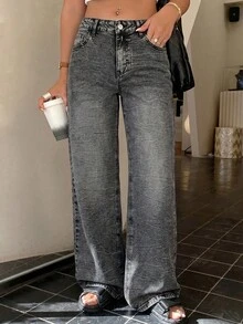 Women's Casual Washed Straight Leg Denim Jeans, Stretch Denim Fabric, 67% Cotton, To Wear, Y2K Style Black Gray Washed Denim Pants Fall - Grey - View 6