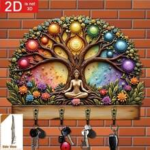 2D Flat, 1pc, Seven Chakra Tree Of Life Wooden Multi-Function Key Holder With 4 Metal Hooks, Vintage Boho Wall Key Rack Organizer, Entryway Hallway Living Room Bedroom Kitchen Office Decor, Christmas New Year Gift, All Season Home Decor - Multicolor - View 1