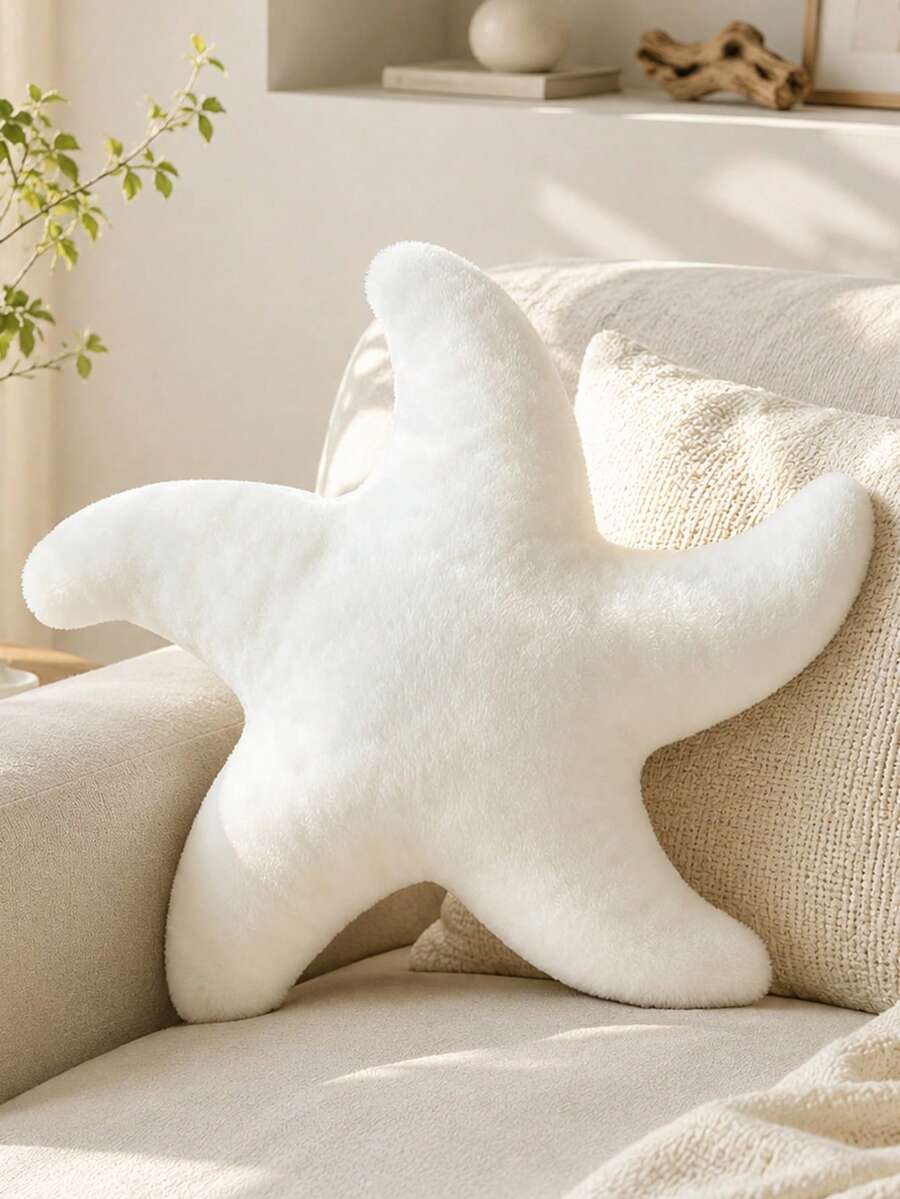 海星造型毛絨抱枕,可愛裝飾靠枕,柔軟仿毛皮海星形墊子,適用沙發床,海洋海灘主題臥室客廳裝飾枕 - 白色 - 查看 1