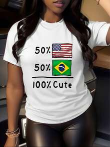100% Cotton Women Christmas T-Shirt Half Brazilian Half American USA Brazil Culture Flag T-Shirt Print T-Shirt  Comfort Tee Top For Spring & Summer - 紅色和黑色 - 查看 1