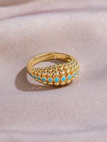 1 pièce Bague ouverte réglable pour femme en cuivre plaqué élégante et à la mode, avec design géométrique d'épis de blé et fleur en turquoise bleue, convient pour le port quotidien des femmes, les vacances, les mariages, les rassemblements, les fêtes, les anniversaires, la décoration ou comme cadeau pour les amis, les meilleurs amis, cadeau de la Saint-Valentin - Bleu ciel - Voir 9