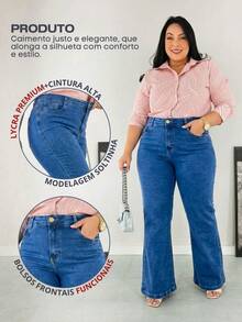 Calça Jeans Flare Feminina Plus Size Cintura Alta Tecido Premium com Elastano Stretch com 4 bolsos - Azul Médio - Visão 8