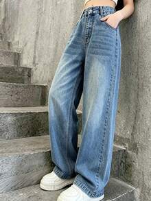 Tween Girl Elastic Waist Design Washed Loose Wide Leg Jeans - Light Wash - View 2