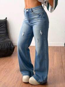Pantalones rectos de mezclilla azul claro lavados con roturas, cintura media, elásticos y con caída elegante - azul verdoso - Ver 4