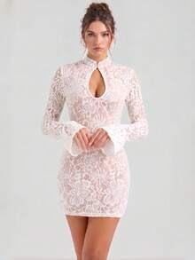 Elegant Semi-Sheer Knit Mock Neck Fitted Tank Top Ruched Party Banquet Dress - White - View 4
